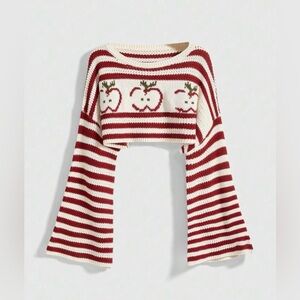 NWT Romwe Apple Pattern Bell Sleeve Striped Cropped Knit Sweater